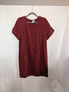 Susina Linen Blend Brown Burgundy Striped Dress Pop Over Pockets Large Lagenlook